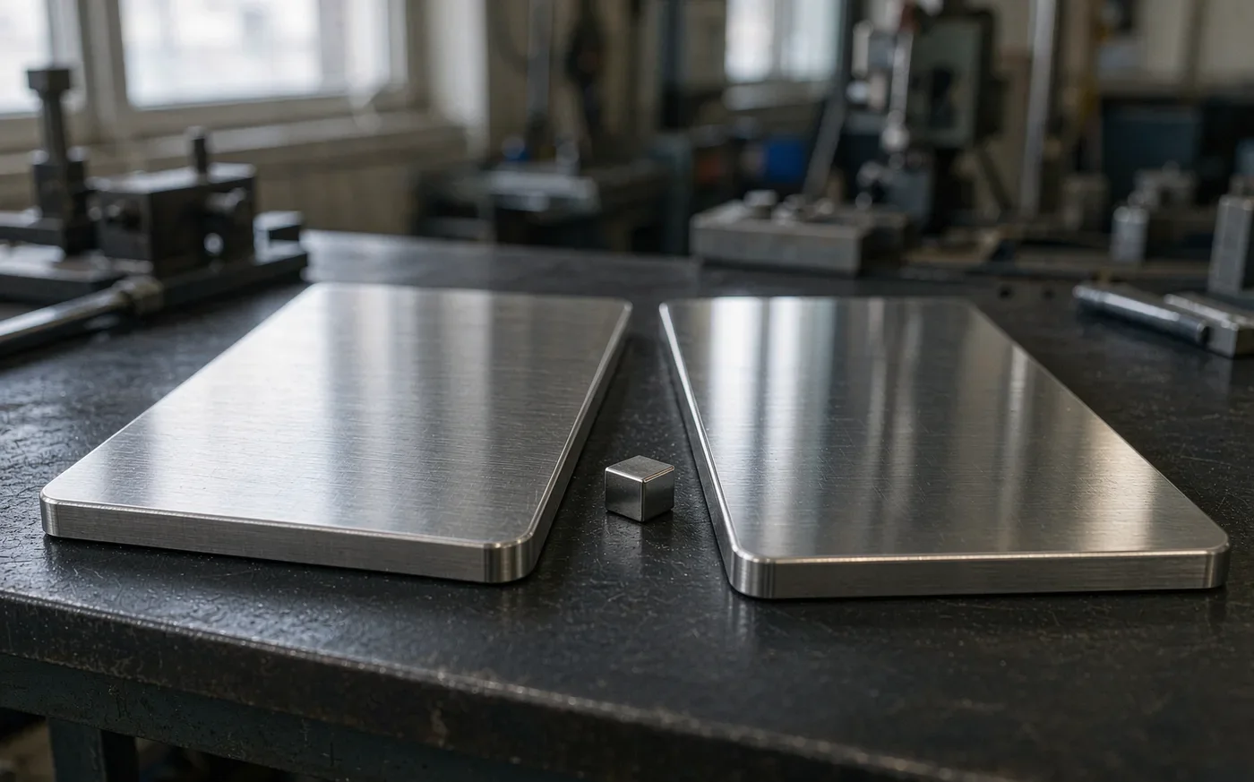 Two stainless steel sample plates compared on a workshop table