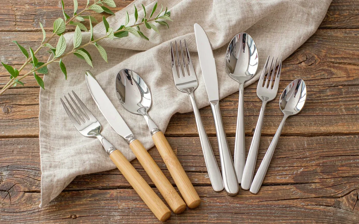 Bamboo-handle and stainless steel cutlery compared on a wooden table