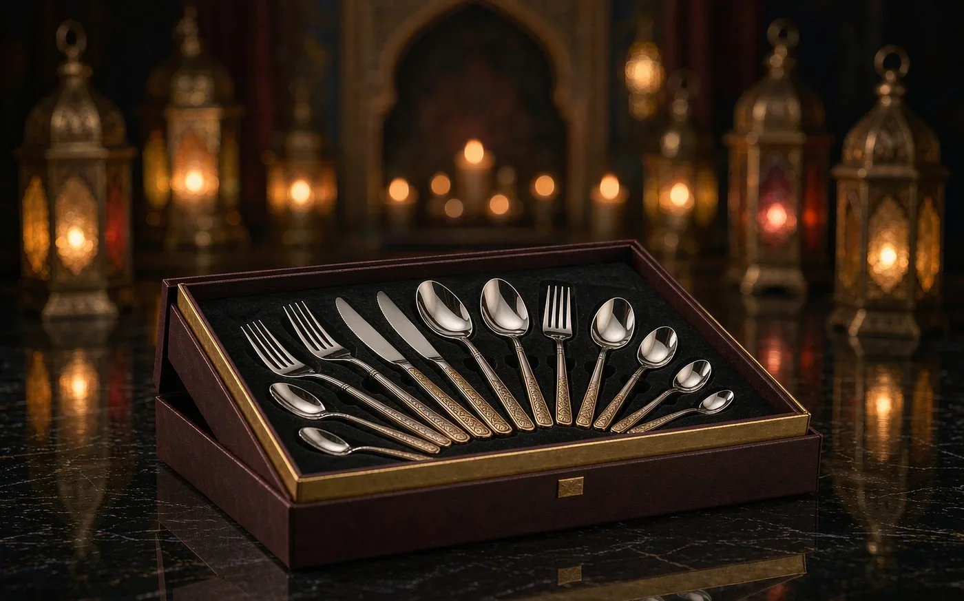 Premium cutlery gift set with gold accents in a dark elegant box