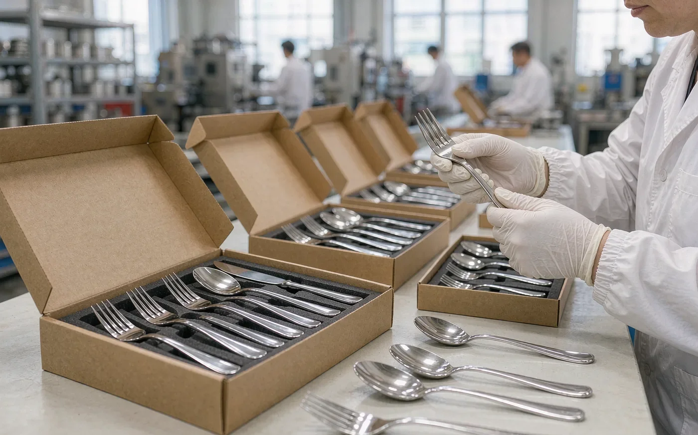 Cutlery sets in kraft gift boxes on a factory inspection table