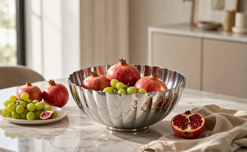 Round stainless steel fruit platter with pedestal base, styled with pomegranates and grapes on a marble dining table