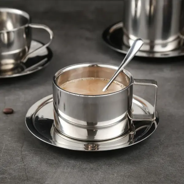 Stainless Coffee Cup & Saucer with Spoon