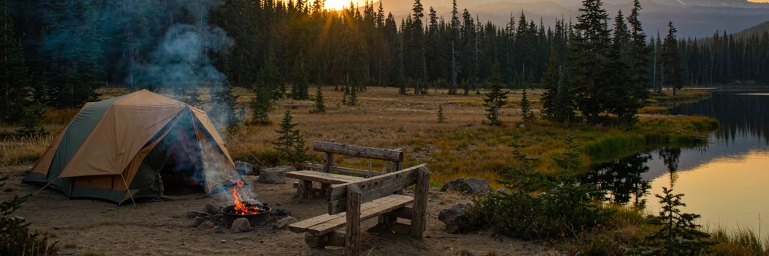 Lakeside campsite at golden hour with tent, campfire and mountain view